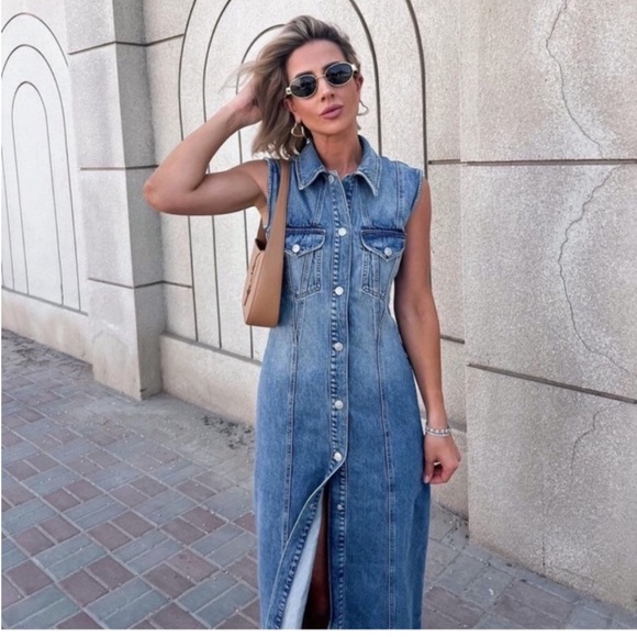 Zara (EUC)• long denim jean button front midi maxi collared split hem dress - Picture 5 of 12